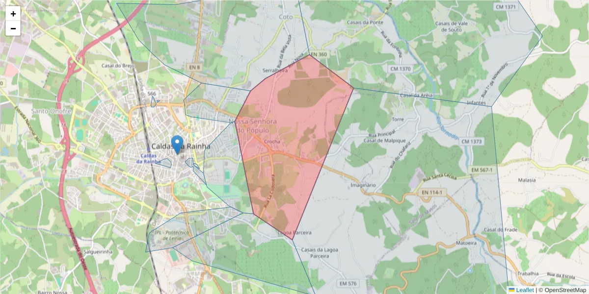 Mapa detalhado do código postal 2500-280 com limites, códigos postais vizinhos e agências dos correios