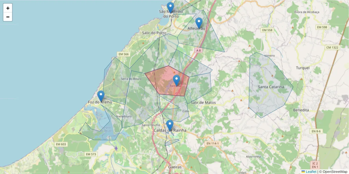 Mapa detalhado do código postal 2500-315 com limites, códigos postais vizinhos e agências dos correios