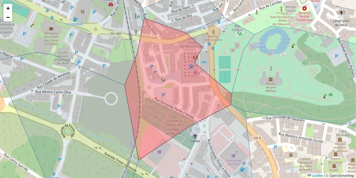 Mapa detalhado do código postal 2500-324 com limites, códigos postais vizinhos e agências dos correios