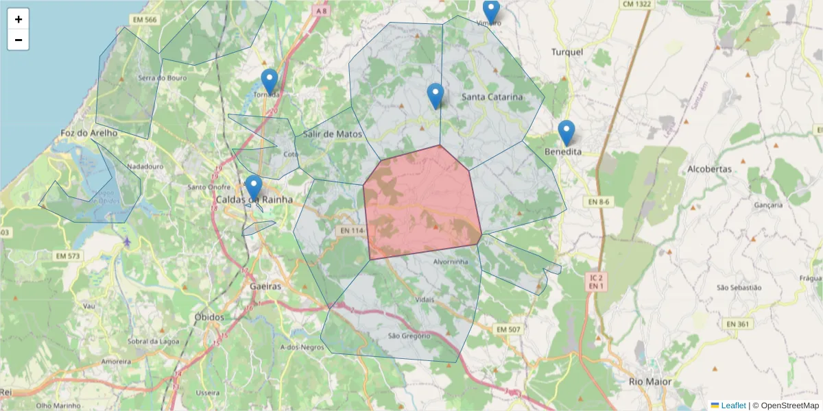 Mapa detalhado do código postal 2500-379 com limites, códigos postais vizinhos e agências dos correios