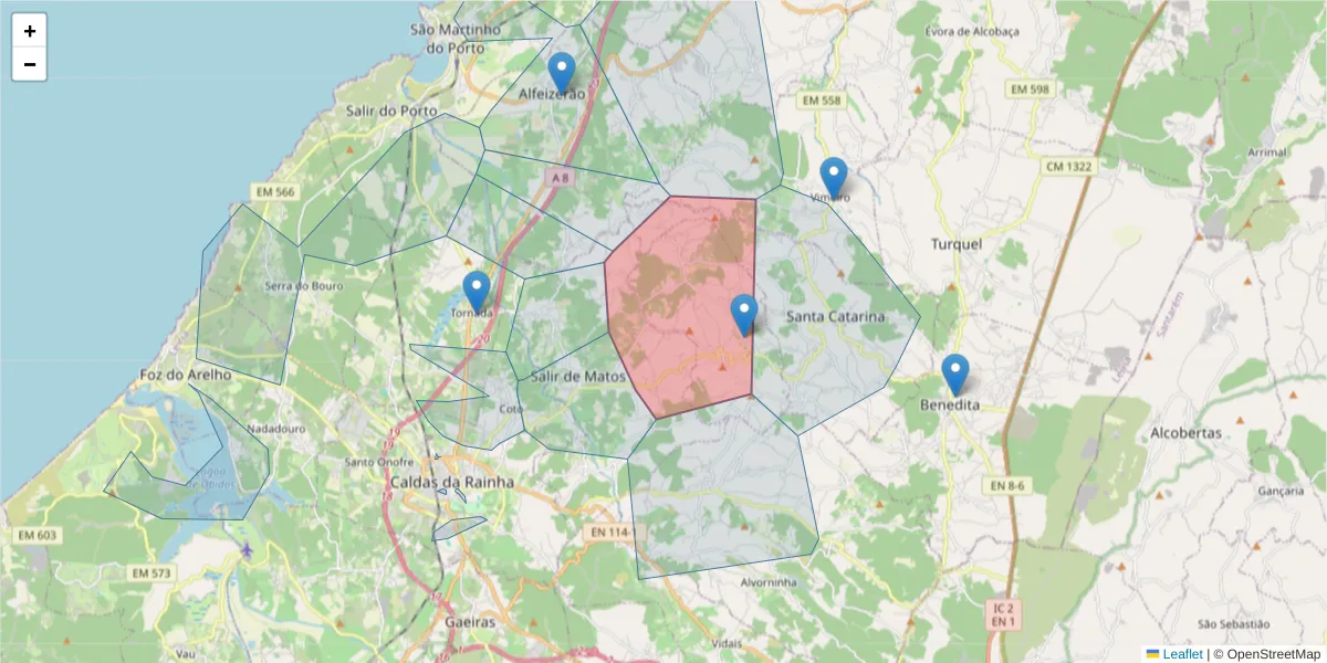 Mapa detalhado do código postal 2500-632 com limites, códigos postais vizinhos e agências dos correios