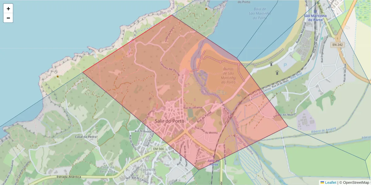 Mapa detalhado do código postal 2500-668 com limites, códigos postais vizinhos e agências dos correios