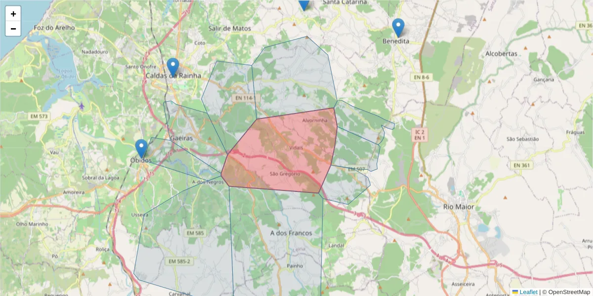 Mapa detalhado do código postal 2500-749 com limites, códigos postais vizinhos e agências dos correios