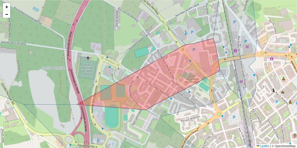 Mapa detalhado do código postal 2500-852 com limites, códigos postais vizinhos e agências dos correios