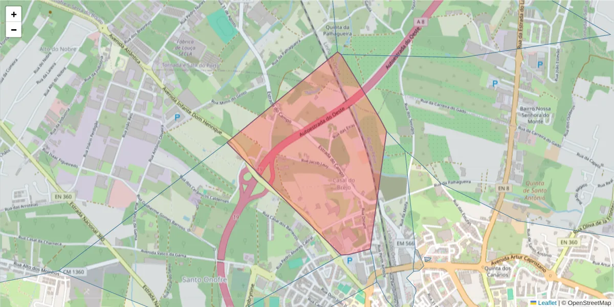 Mapa detalhado do código postal 2500-918 com limites, códigos postais vizinhos e agências dos correios