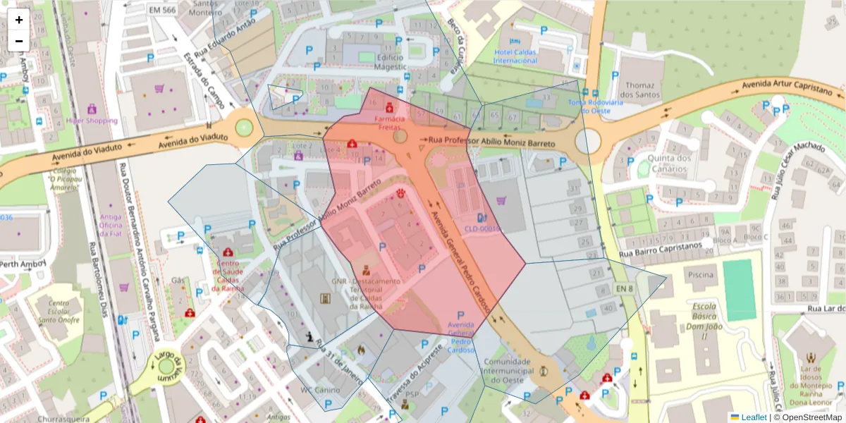 Mapa detalhado do código postal 2500-919 com limites, códigos postais vizinhos e agências dos correios