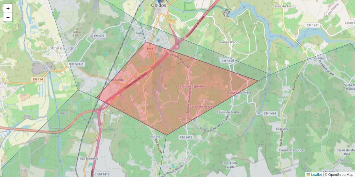 Mapa detalhado do código postal 2510-146 com limites, códigos postais vizinhos e agências dos correios