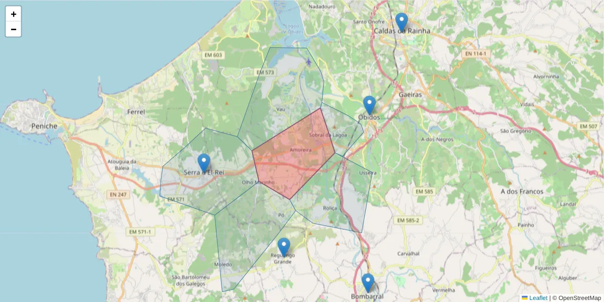 Mapa detalhado do código postal 2510-408 com limites, códigos postais vizinhos e agências dos correios