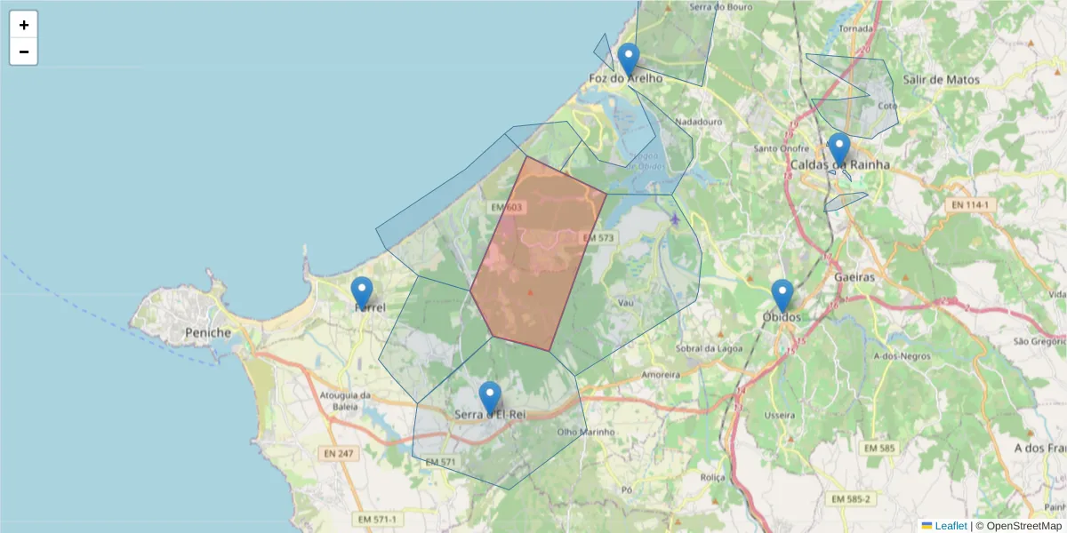 Mapa detalhado do código postal 2510-668 com limites, códigos postais vizinhos e agências dos correios