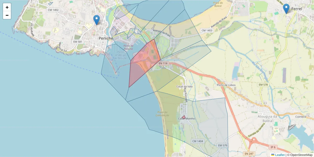 Mapa detalhado do código postal 2520-000 com limites, códigos postais vizinhos e agências dos correios