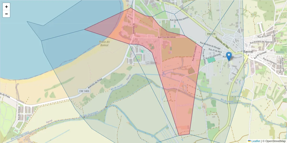 Mapa detalhado do código postal 2520-054 com limites, códigos postais vizinhos e agências dos correios