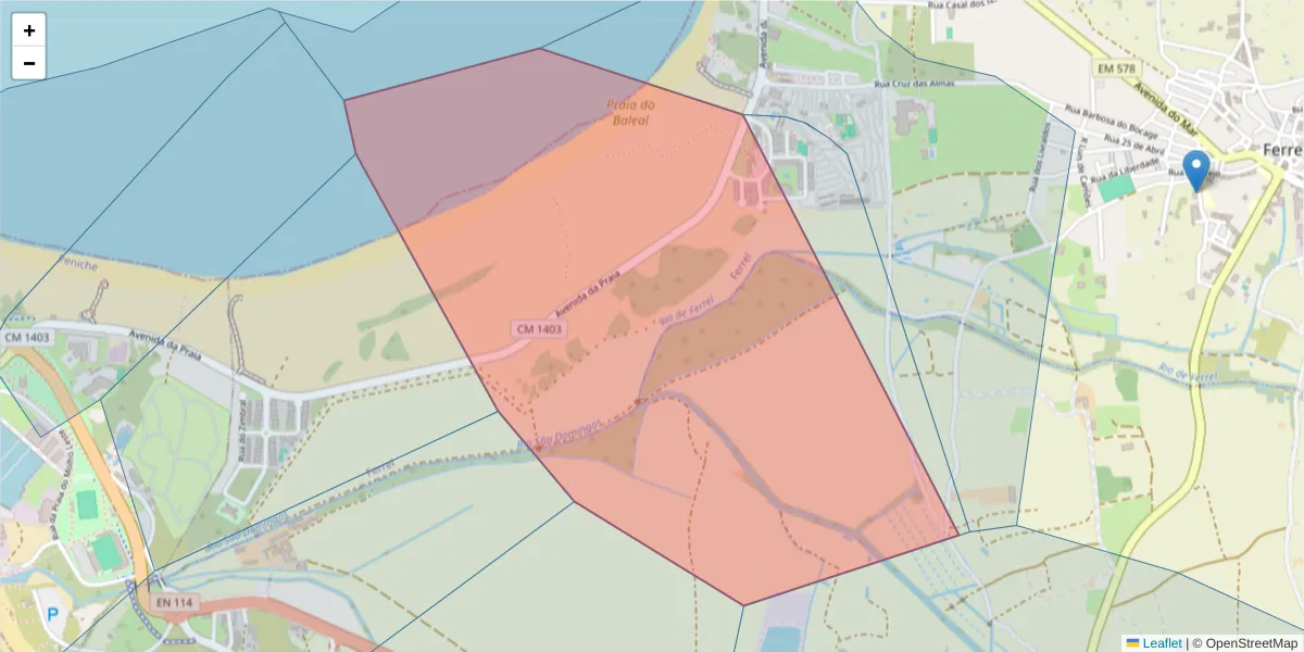 Mapa detalhado do código postal 2520-160 com limites, códigos postais vizinhos e agências dos correios