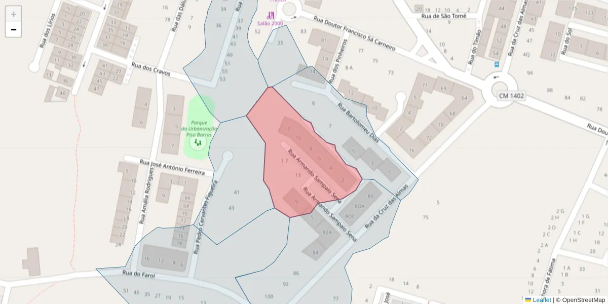 Mapa detalhado do código postal 2520-200 com limites, códigos postais vizinhos e agências dos correios