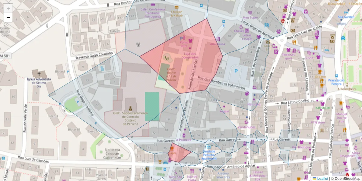 Mapa detalhado do código postal 2520-204 com limites, códigos postais vizinhos e agências dos correios
