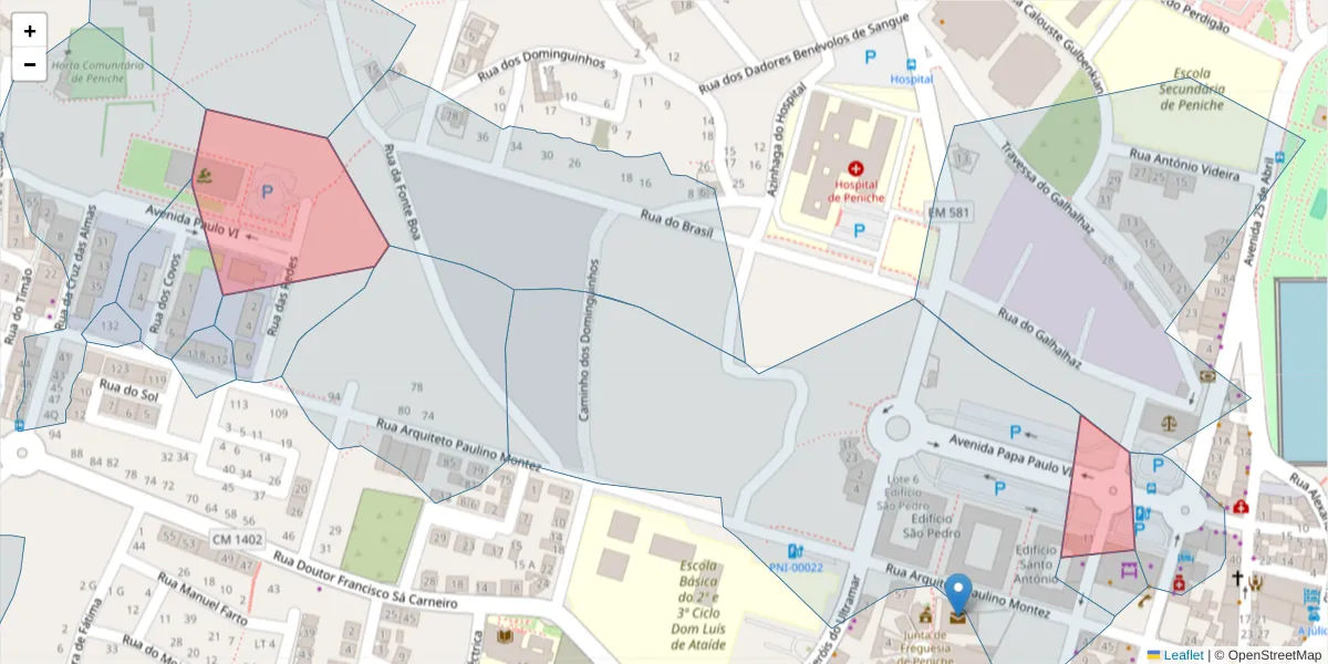 Mapa detalhado do código postal 2520-207 com limites, códigos postais vizinhos e agências dos correios