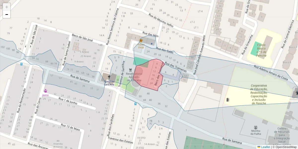 Mapa detalhado do código postal 2520-211 com limites, códigos postais vizinhos e agências dos correios