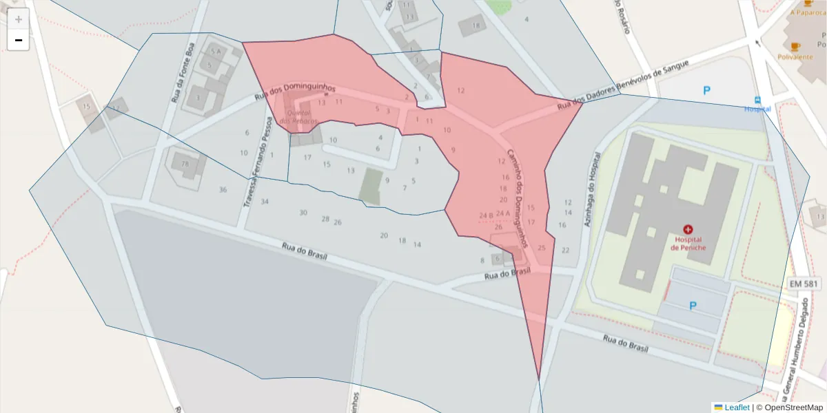 Mapa detalhado do código postal 2520-218 com limites, códigos postais vizinhos e agências dos correios