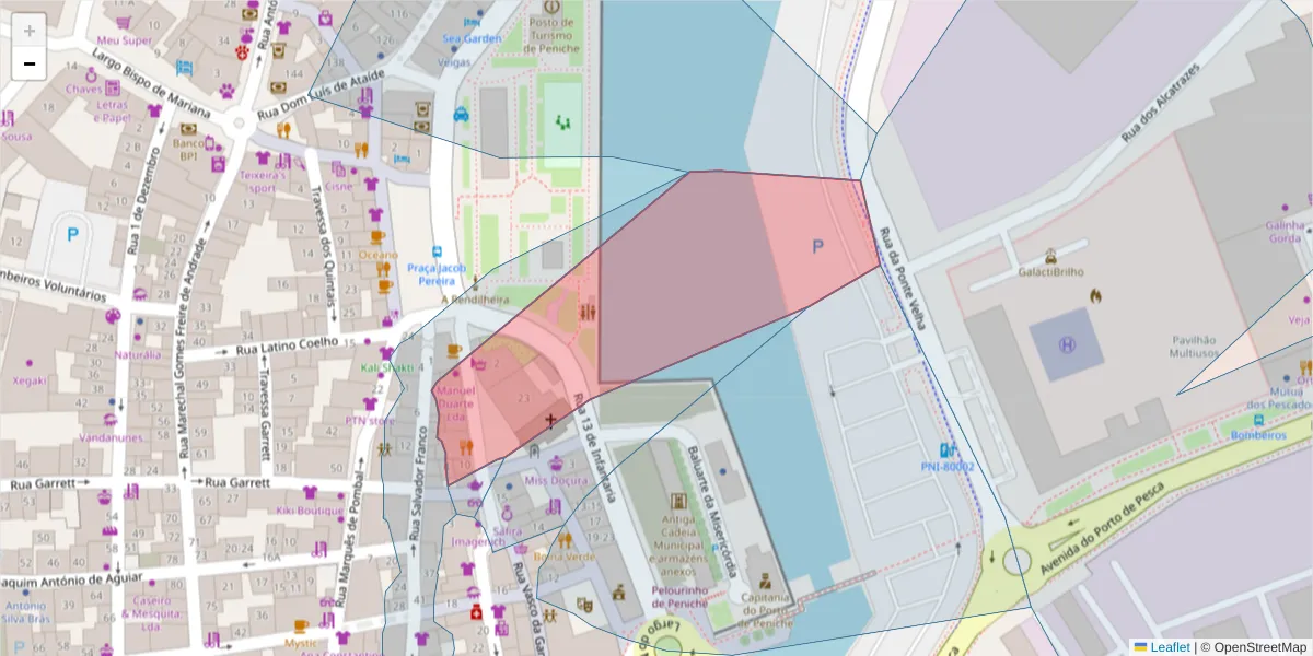 Mapa detalhado do código postal 2520-228 com limites, códigos postais vizinhos e agências dos correios