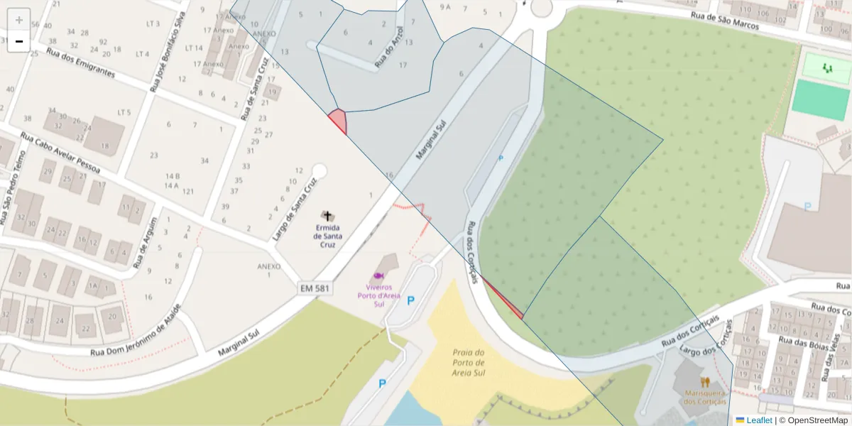 Mapa detalhado do código postal 2520-232 com limites, códigos postais vizinhos e agências dos correios