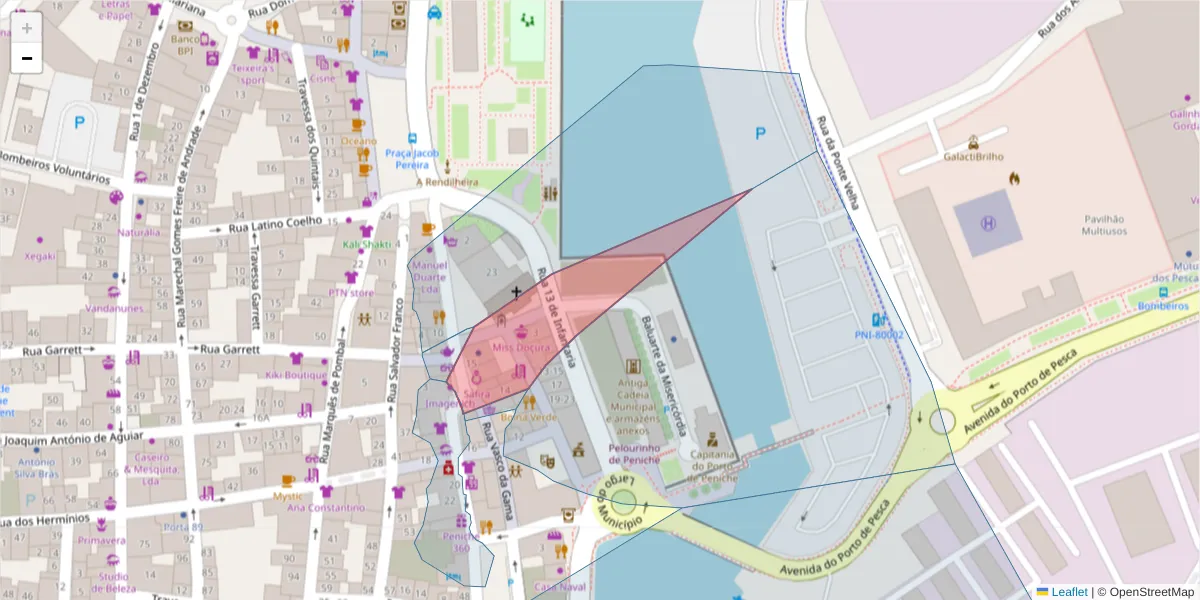 Mapa detalhado do código postal 2520-243 com limites, códigos postais vizinhos e agências dos correios