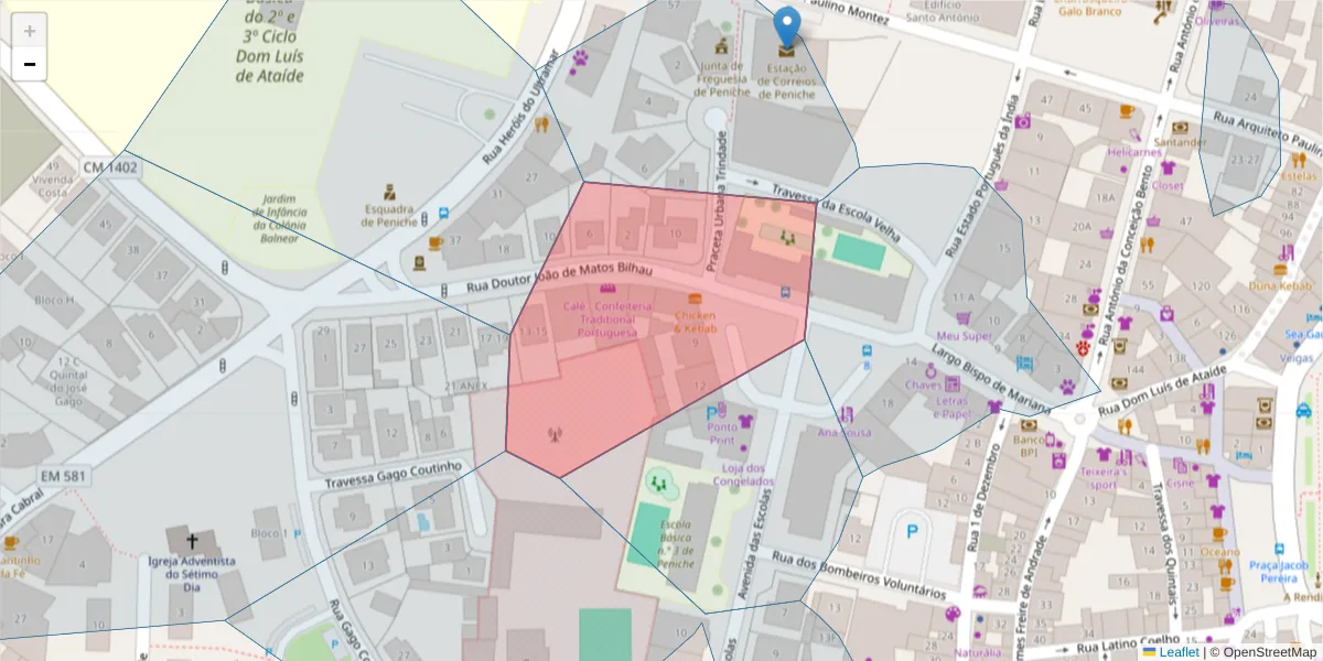 Mapa detalhado do código postal 2520-247 com limites, códigos postais vizinhos e agências dos correios