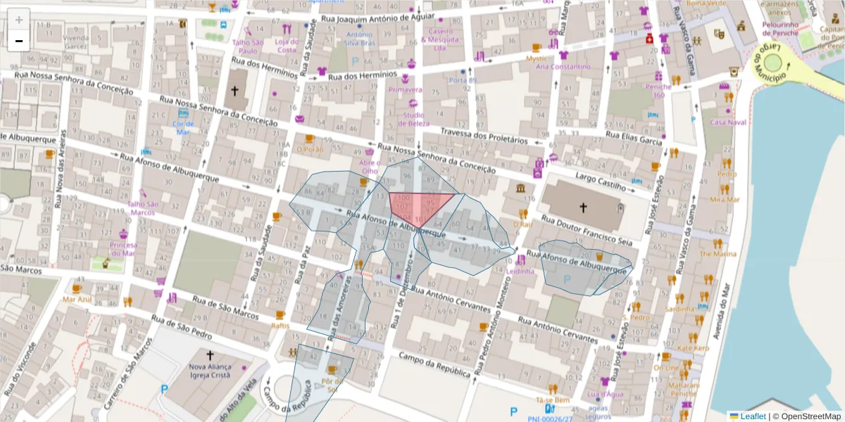 Mapa detalhado do código postal 2520-262 com limites, códigos postais vizinhos e agências dos correios