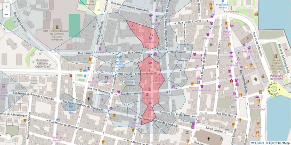 Mapa detalhado do código postal 2520-265 com limites, códigos postais vizinhos e agências dos correios