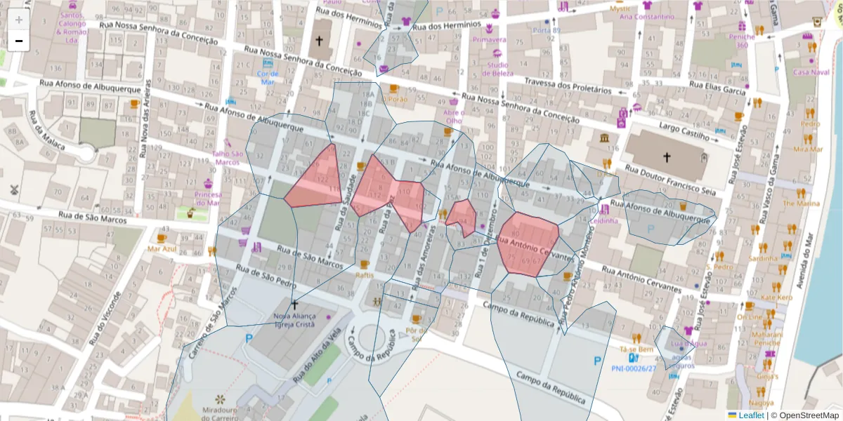 Mapa detalhado do código postal 2520-278 com limites, códigos postais vizinhos e agências dos correios