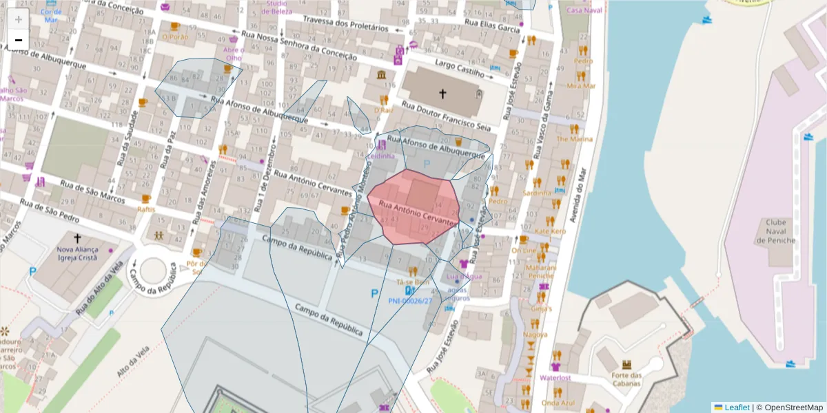 Mapa detalhado do código postal 2520-281 com limites, códigos postais vizinhos e agências dos correios