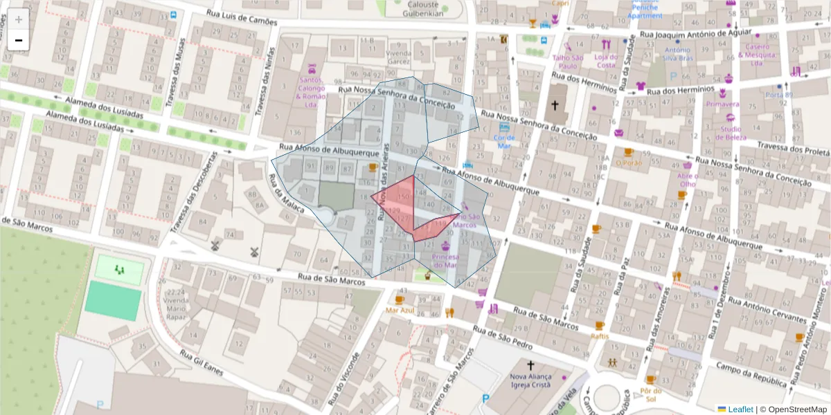 Mapa detalhado do código postal 2520-284 com limites, códigos postais vizinhos e agências dos correios