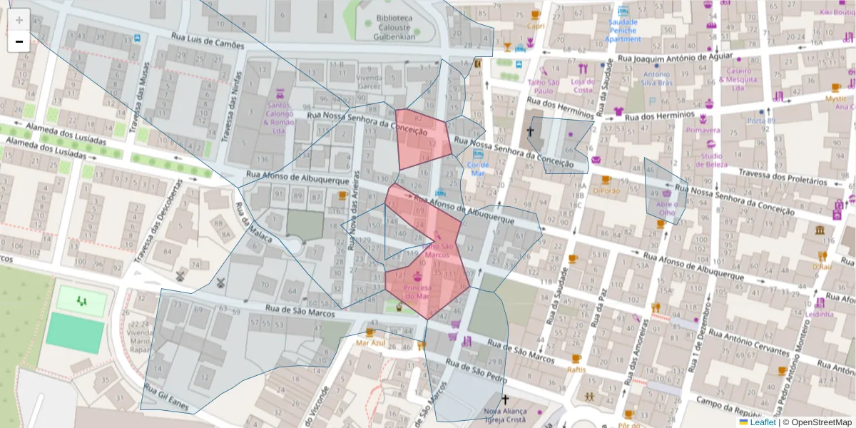 Mapa detalhado do código postal 2520-287 com limites, códigos postais vizinhos e agências dos correios
