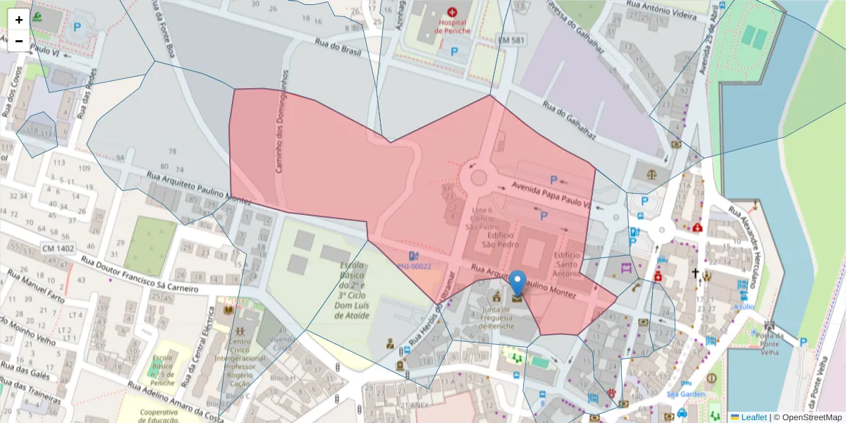 Mapa detalhado do código postal 2520-293 com limites, códigos postais vizinhos e agências dos correios