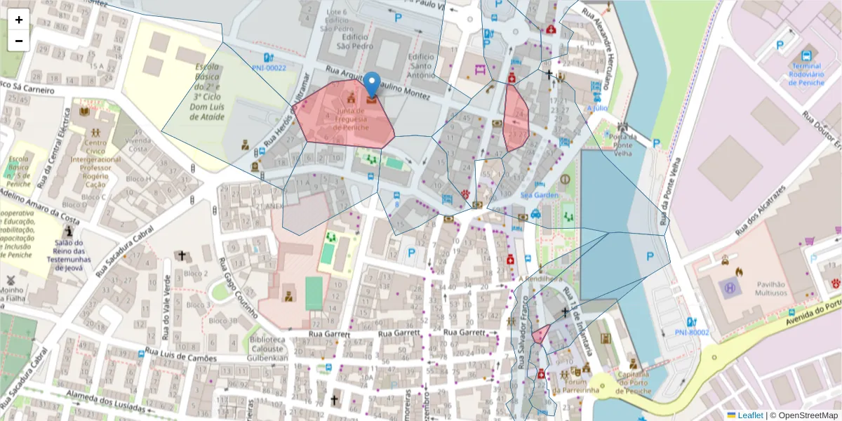 Mapa detalhado do código postal 2520-294 com limites, códigos postais vizinhos e agências dos correios
