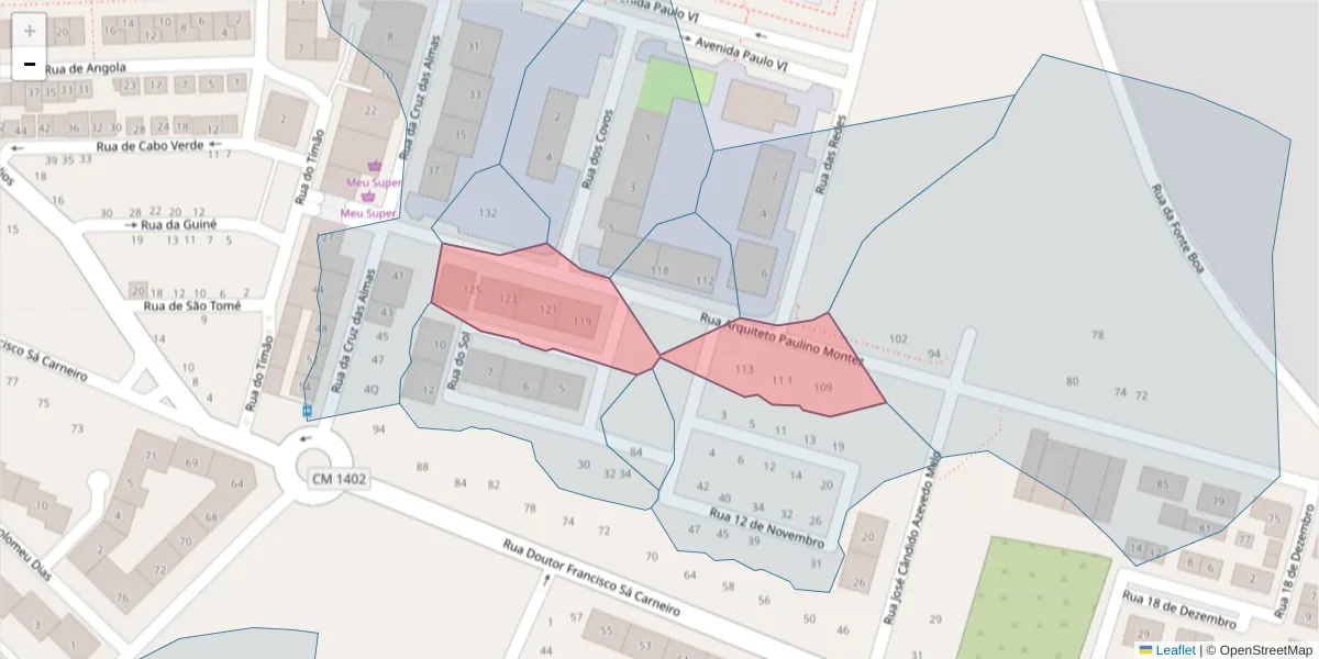 Mapa detalhado do código postal 2520-296 com limites, códigos postais vizinhos e agências dos correios