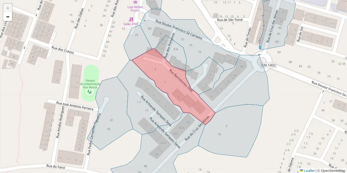 Mapa detalhado do código postal 2520-299 com limites, códigos postais vizinhos e agências dos correios