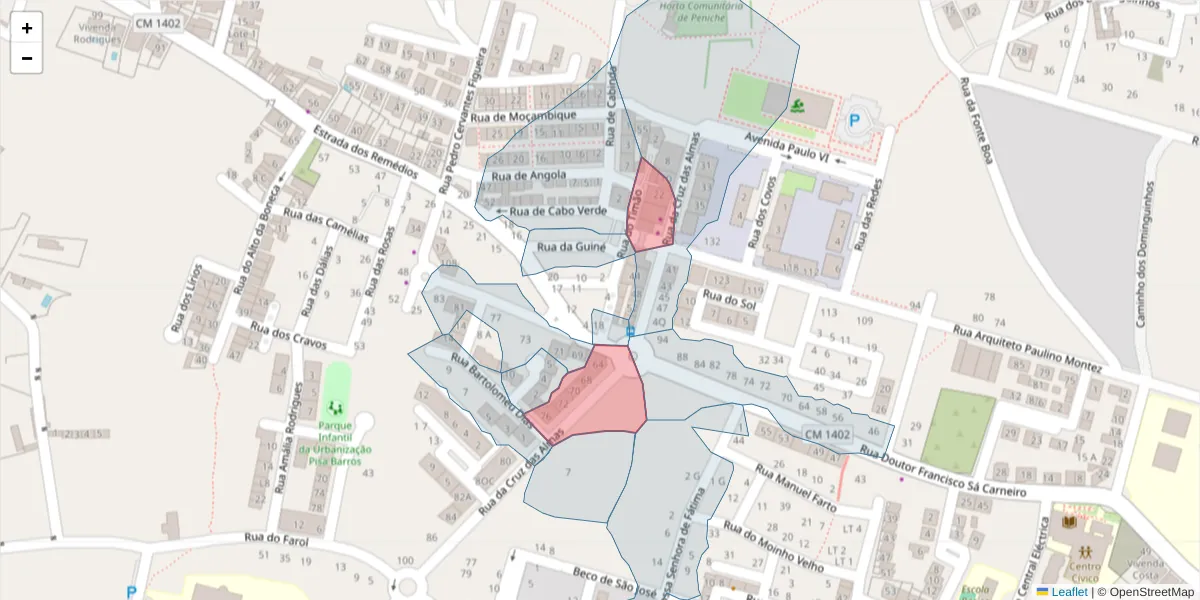 Mapa detalhado do código postal 2520-305 com limites, códigos postais vizinhos e agências dos correios