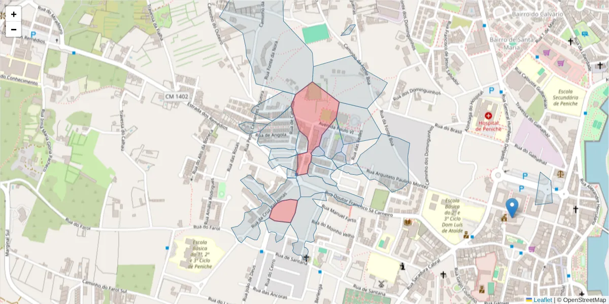 Mapa detalhado do código postal 2520-306 com limites, códigos postais vizinhos e agências dos correios