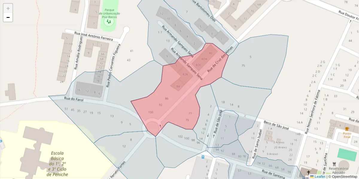 Mapa detalhado do código postal 2520-307 com limites, códigos postais vizinhos e agências dos correios
