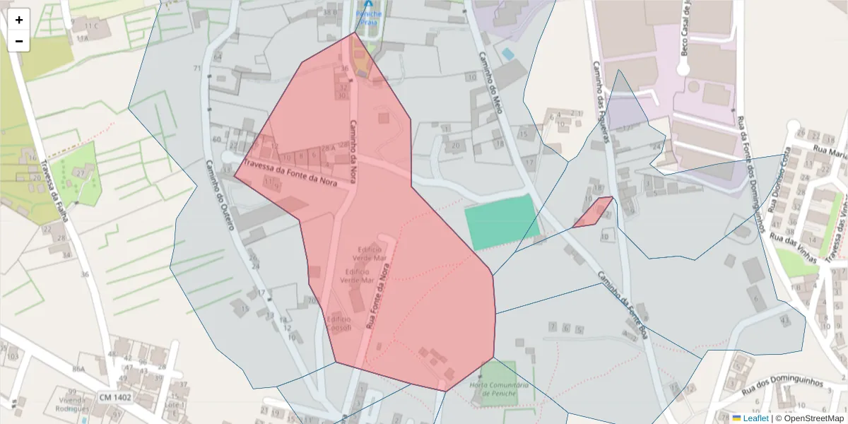 Mapa detalhado do código postal 2520-318 com limites, códigos postais vizinhos e agências dos correios