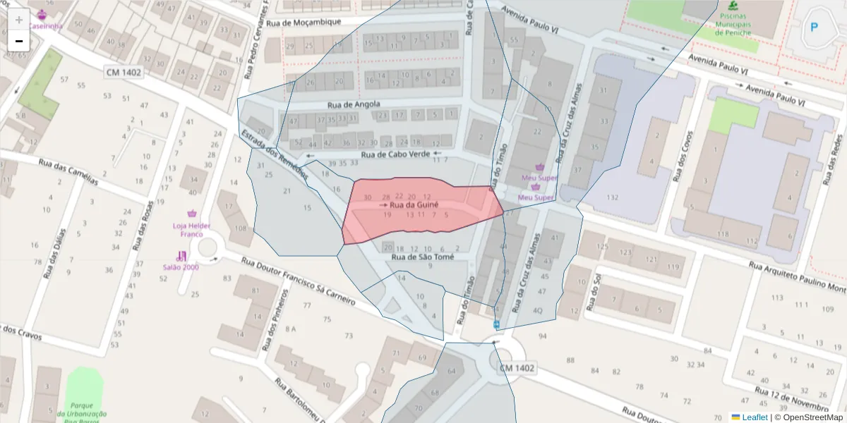 Mapa detalhado do código postal 2520-320 com limites, códigos postais vizinhos e agências dos correios
