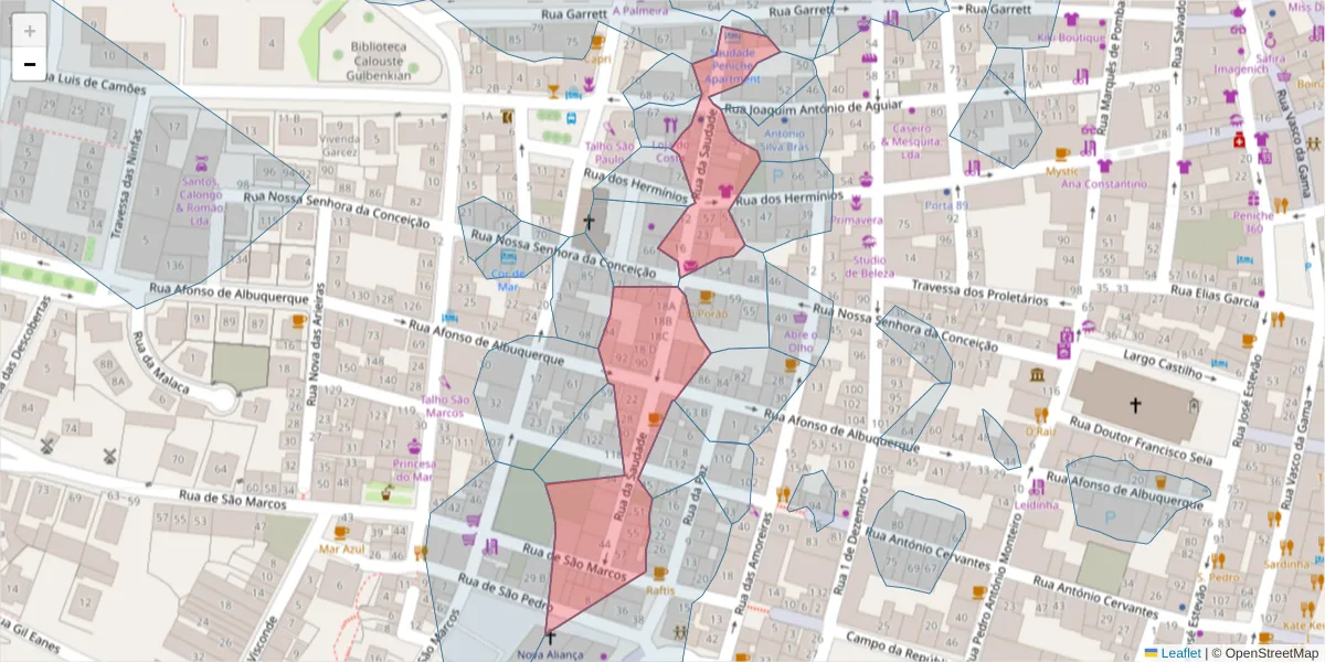 Mapa detalhado do código postal 2520-333 com limites, códigos postais vizinhos e agências dos correios