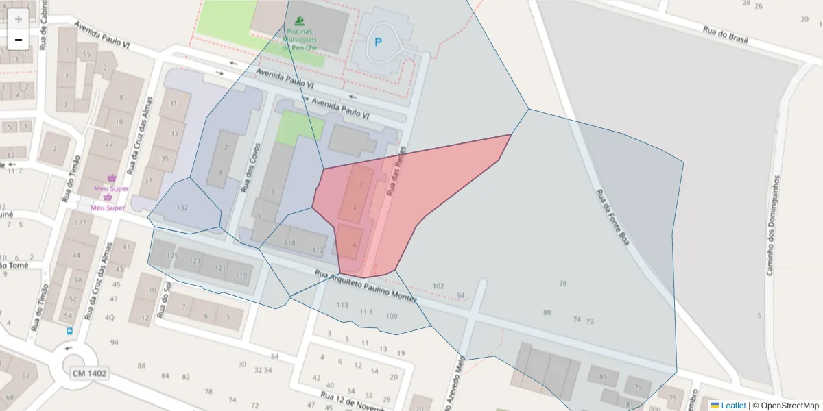 Mapa detalhado do código postal 2520-353 com limites, códigos postais vizinhos e agências dos correios