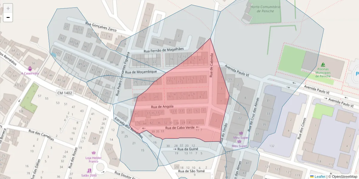 Mapa detalhado do código postal 2520-363 com limites, códigos postais vizinhos e agências dos correios