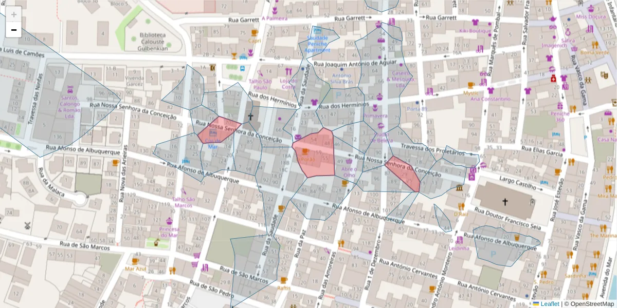 Mapa detalhado do código postal 2520-381 com limites, códigos postais vizinhos e agências dos correios