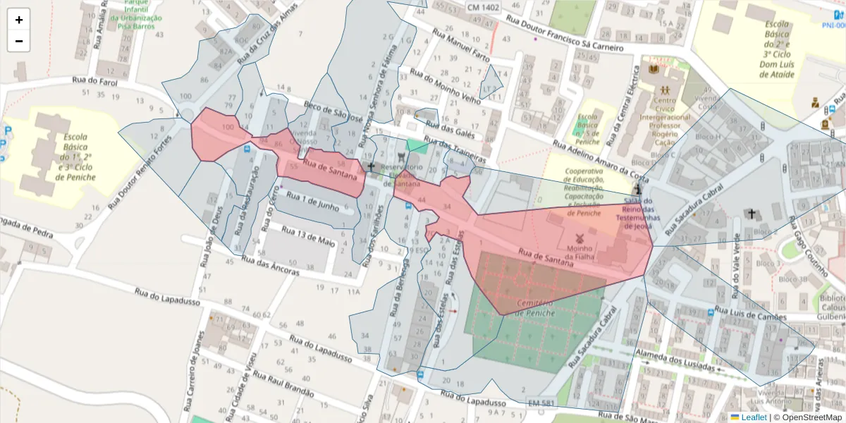 Mapa detalhado do código postal 2520-385 com limites, códigos postais vizinhos e agências dos correios