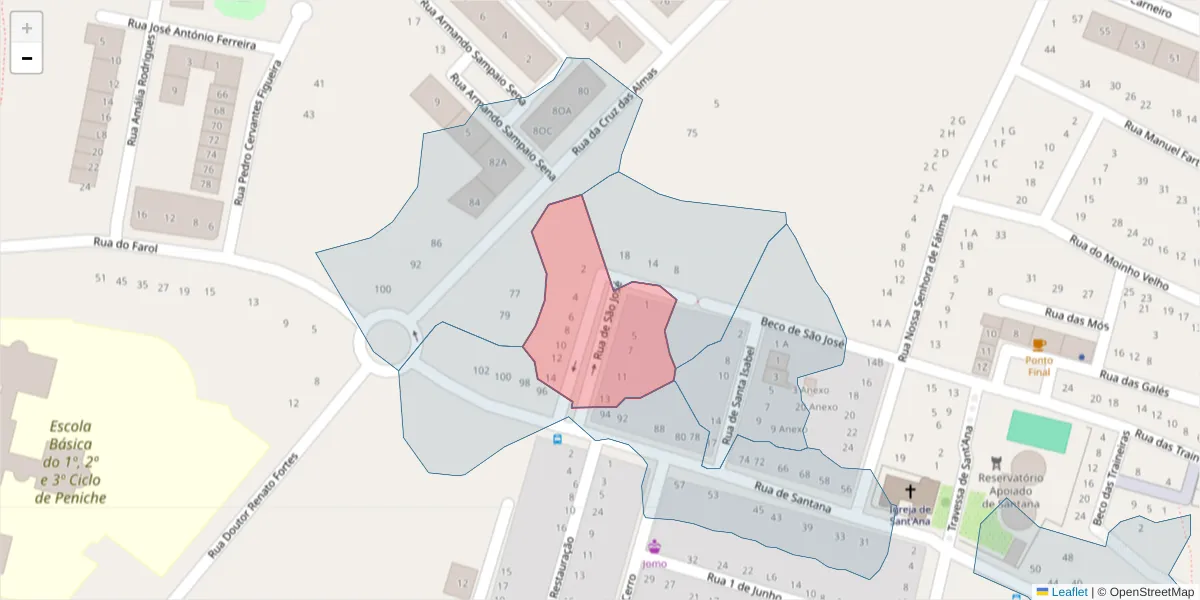 Mapa detalhado do código postal 2520-387 com limites, códigos postais vizinhos e agências dos correios
