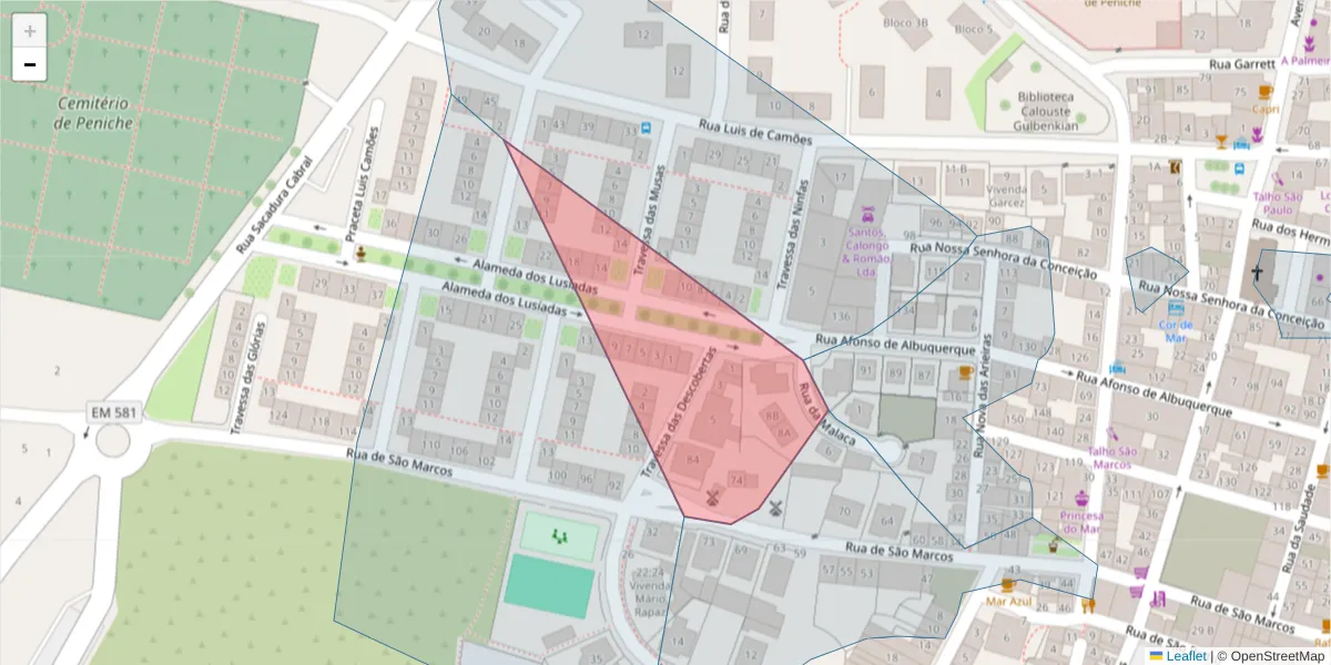 Mapa detalhado do código postal 2520-390 com limites, códigos postais vizinhos e agências dos correios