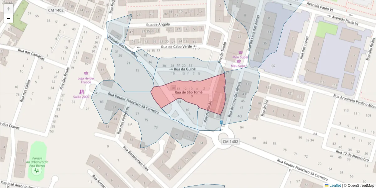 Mapa detalhado do código postal 2520-393 com limites, códigos postais vizinhos e agências dos correios