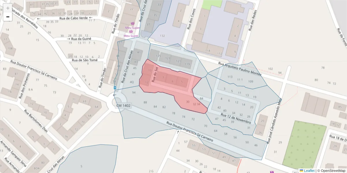 Mapa detalhado do código postal 2520-405 com limites, códigos postais vizinhos e agências dos correios