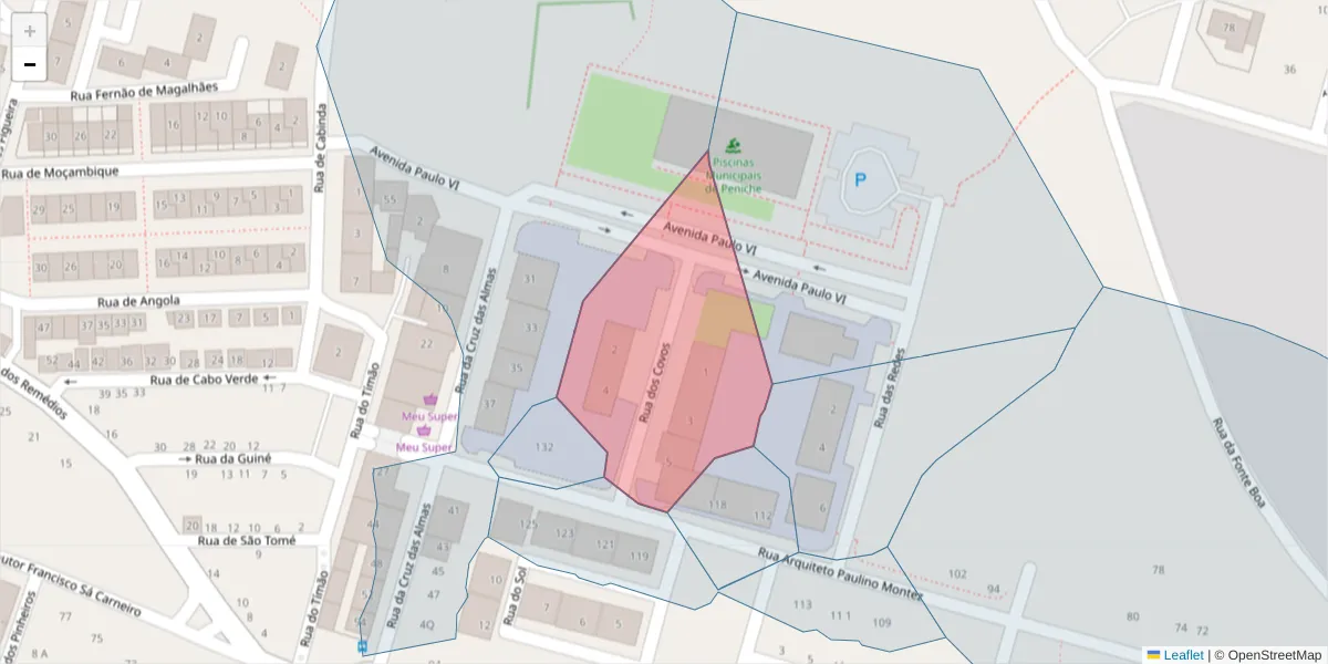 Mapa detalhado do código postal 2520-413 com limites, códigos postais vizinhos e agências dos correios